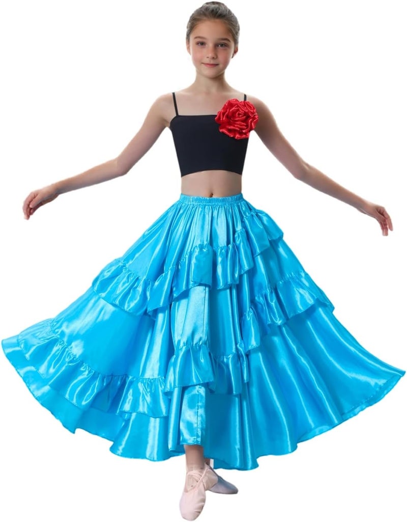 Sancan Double Ruffle Style Long Full Maxi Dance Skirt for Girls 8-12 Years Flamenco Dance Practice Class Dancewear - Image 1